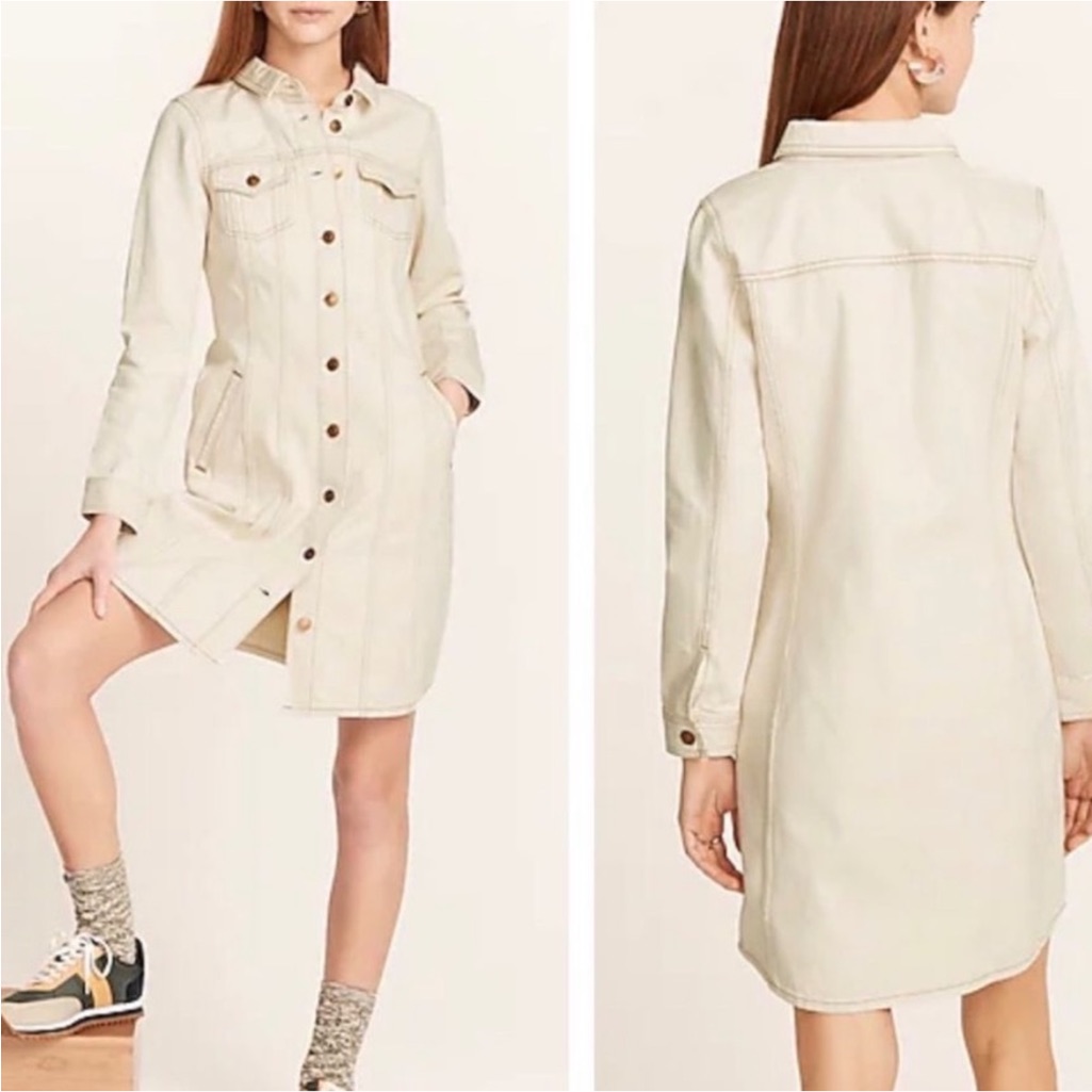 J. Crew Ecru Khaki Denim Button-Down Long Sleeve Denim Dress Size 12